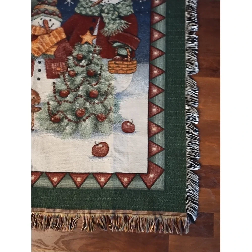 Snowman Winter Blanket Snowflakes Throw Fringed Vintage 51 X 58  2 Throw Pillows